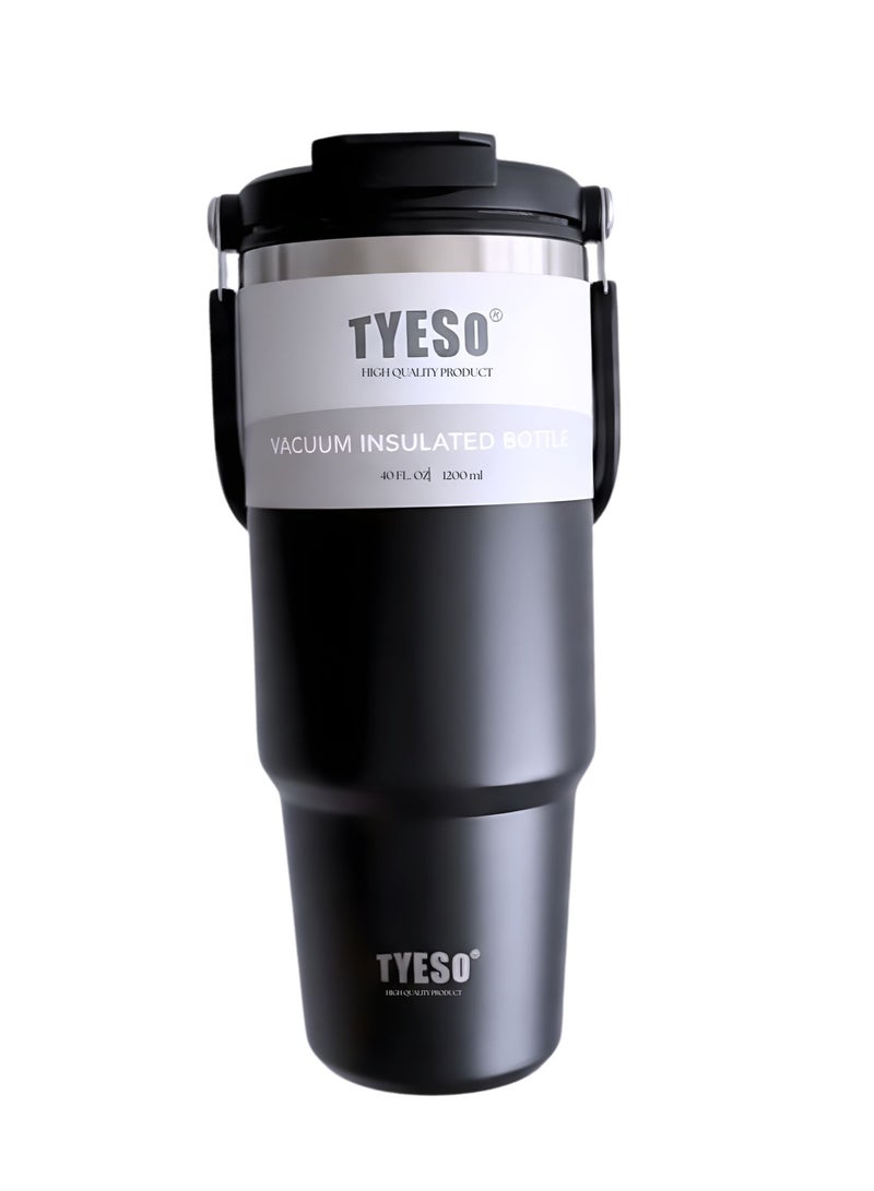 TYESO 1200ml Vacuum Insulated Tumbler 40oz Stainless Steel Travel Mug with Handle & Lid – Double Wall Thermal Water Bottle for Hot & Cold Drinks, Leakproof Large Capacity Cup – Black - Image 2